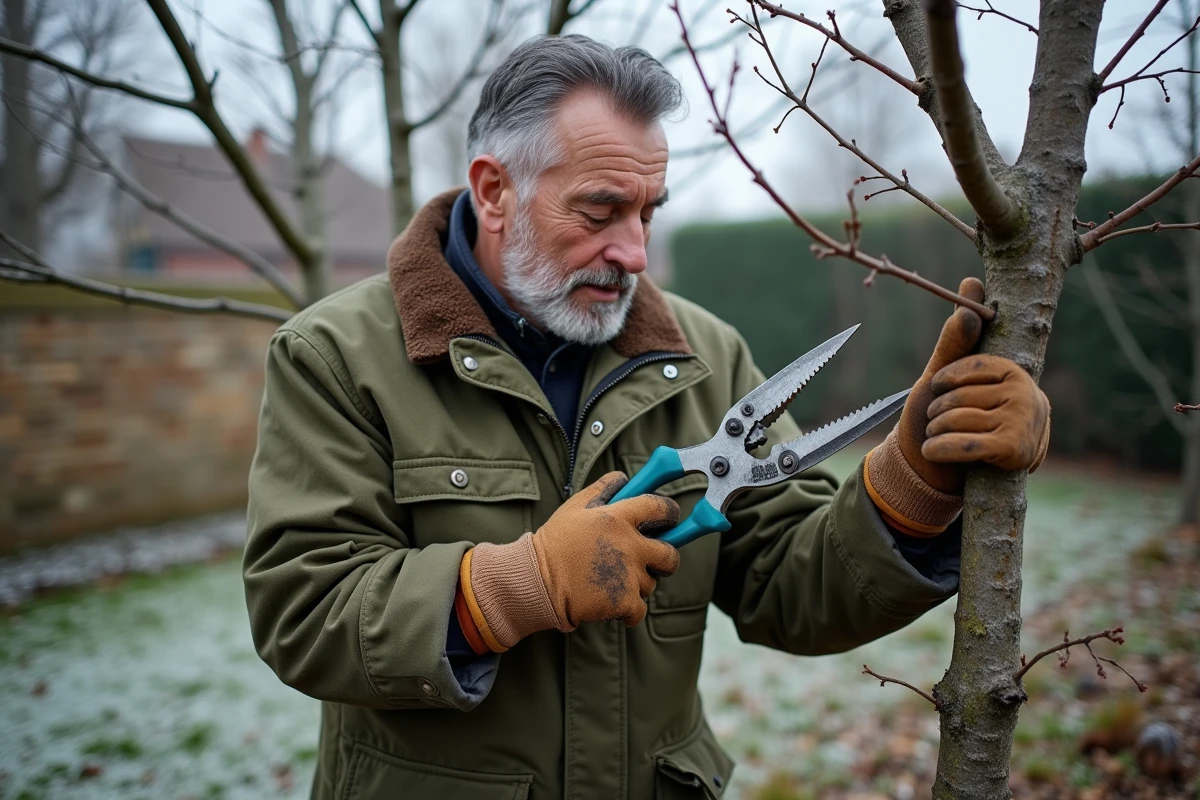 Jardinier taillant un mûrier en hiver dans un jardin de climat froid avec givre au sol