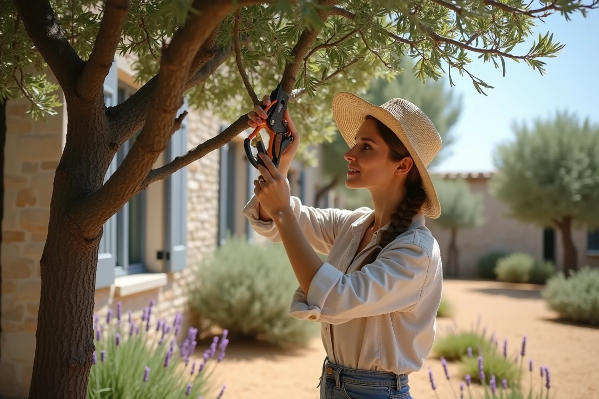 Femme taillant un mûrier au printemps dans un jardin méditerranéen ensoleillé en Provence