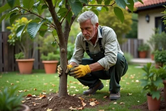 Homme en jardinage inspectant un figuier en pot