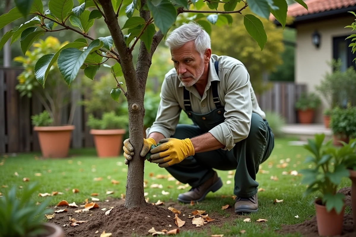 Homme en jardinage inspectant un figuier en pot