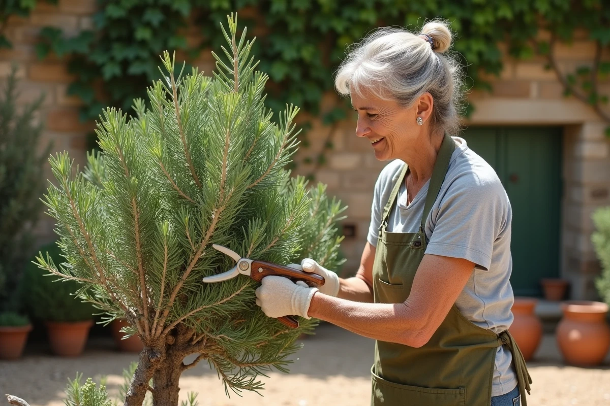 Femme taillant un pied de romarin dégarni dans un jardin provençal avec un sécateur