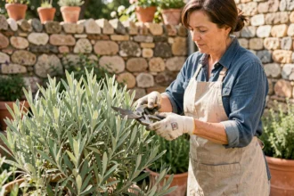 Femme jardinière taillant une sauge arbustive avec un sécateur dans un jardin de style provençal
