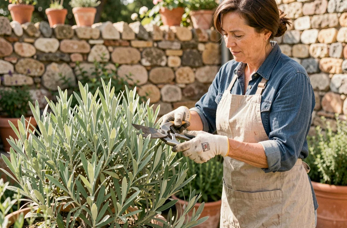 Femme jardinière taillant une sauge arbustive avec un sécateur dans un jardin de style provençal
