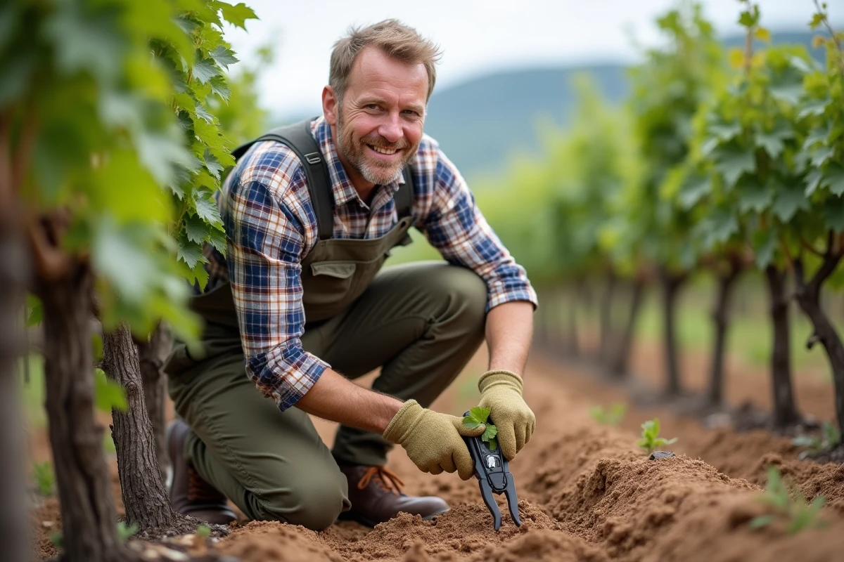 Homme en vêtements de jardinage taille une jeune vigne