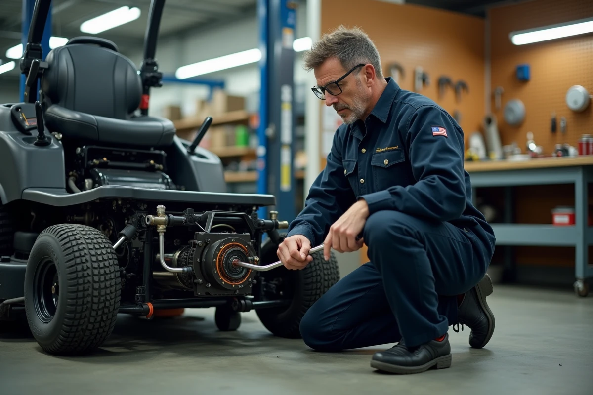 Technicien professionnel réparant l'embrayage de lame d'un tracteur tondeuse retourné dans un atelier