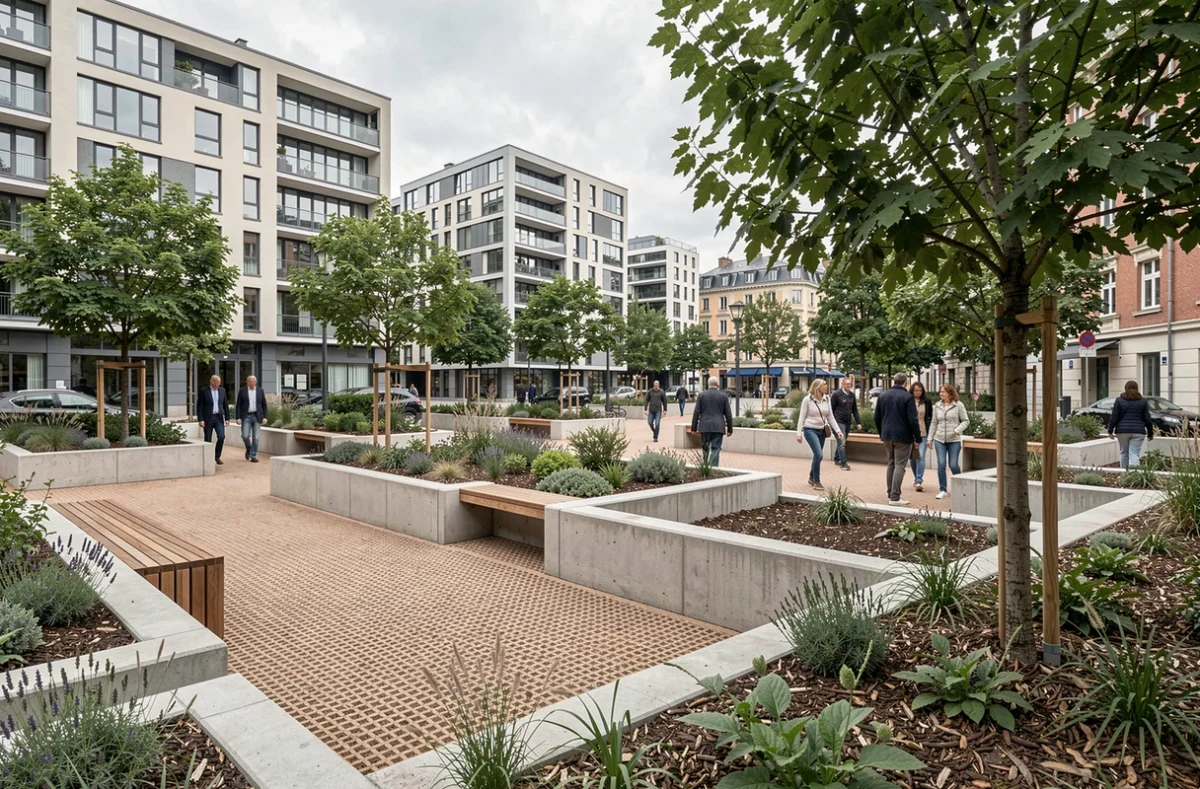 Espace vert urbain conçu par Territoires pour une collectivité en Île-de-France avec plantations géométriques et mobilier intégré en béton et bois