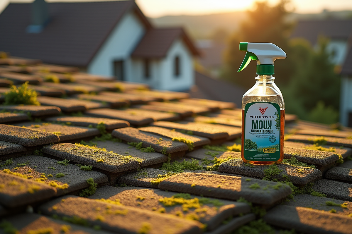 Toiture propre et brillante après traitement anti-mousse avec un produit en premier plan