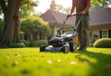 Jardinier professionnel utilisant une tondeuse sur une pelouse fraîche