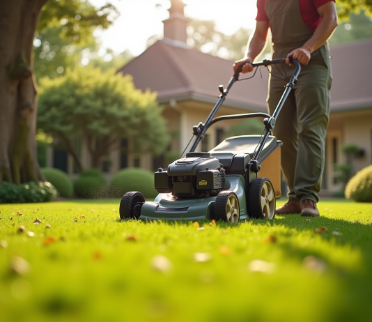 Jardinier professionnel utilisant une tondeuse sur une pelouse fraîche