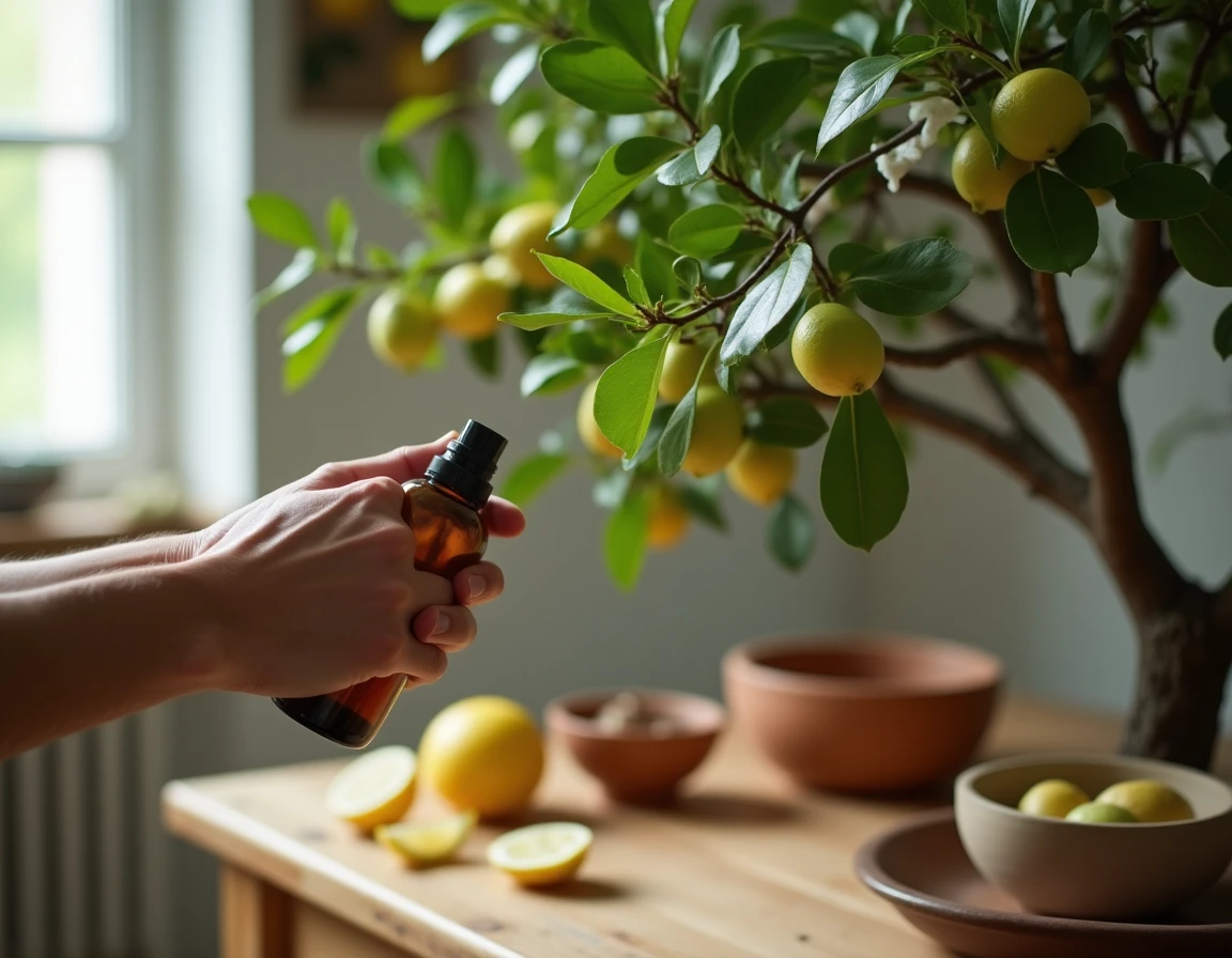 Application d'un traitement naturel maison contre les cochenilles sur un citronnier en intérieur
