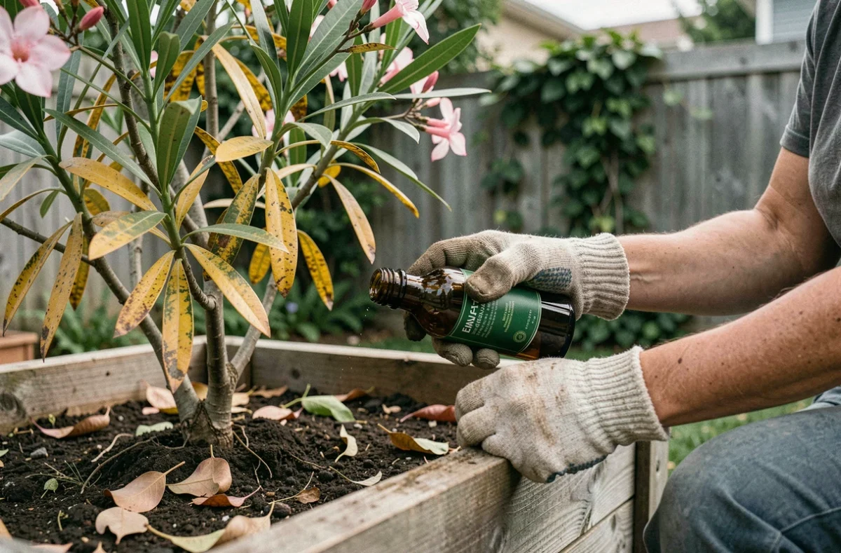 Jardinière appliquant un engrais naturel au pied d'un laurier rose aux feuilles jaunes