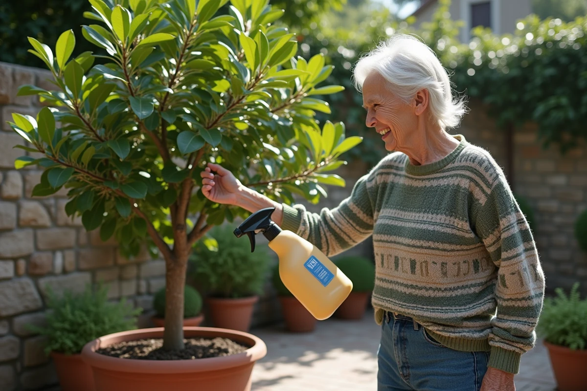 Femme appliquant un spray bio sur un figuier en pot
