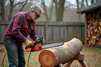 Homme utilisant une tronçonneuse électrique pour couper du bois de chauffage humide dans un jardin en automne