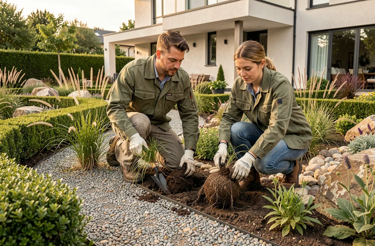 Deux paysagistes de V2G Paysages plantant des graminées ornementales le long d'une allée en gravier dans un jardin contemporain de Côte-d'Or
