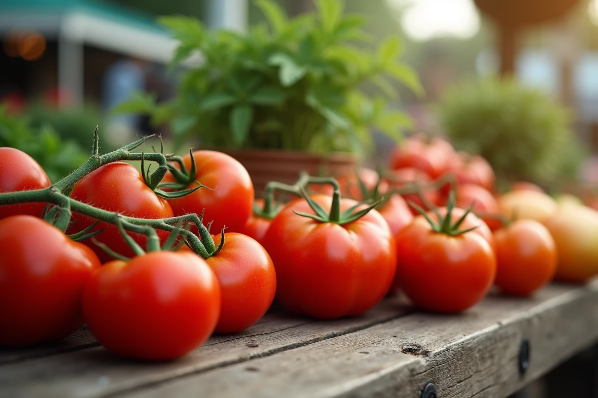 Variétés de tomates tardives alignées sur une table en bois dans un marché de producteurs en fin de saison