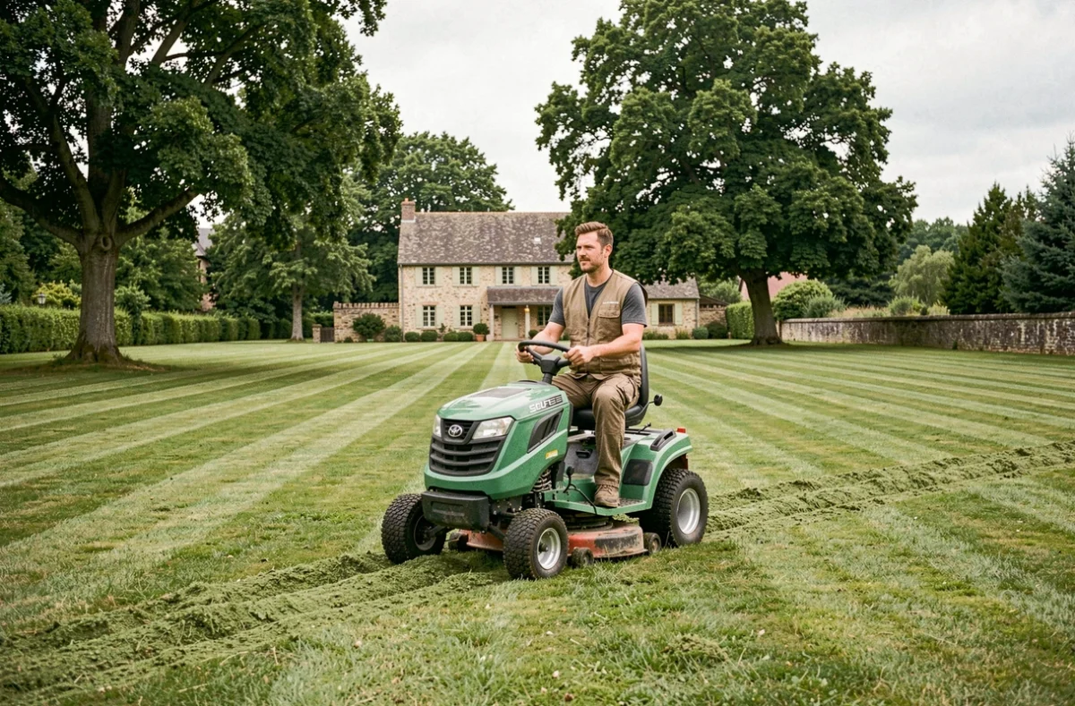 Membre de l'équipe VDS Paysage tondant une grande pelouse privée avec une propriété bourguignonne traditionnelle en arrière-plan