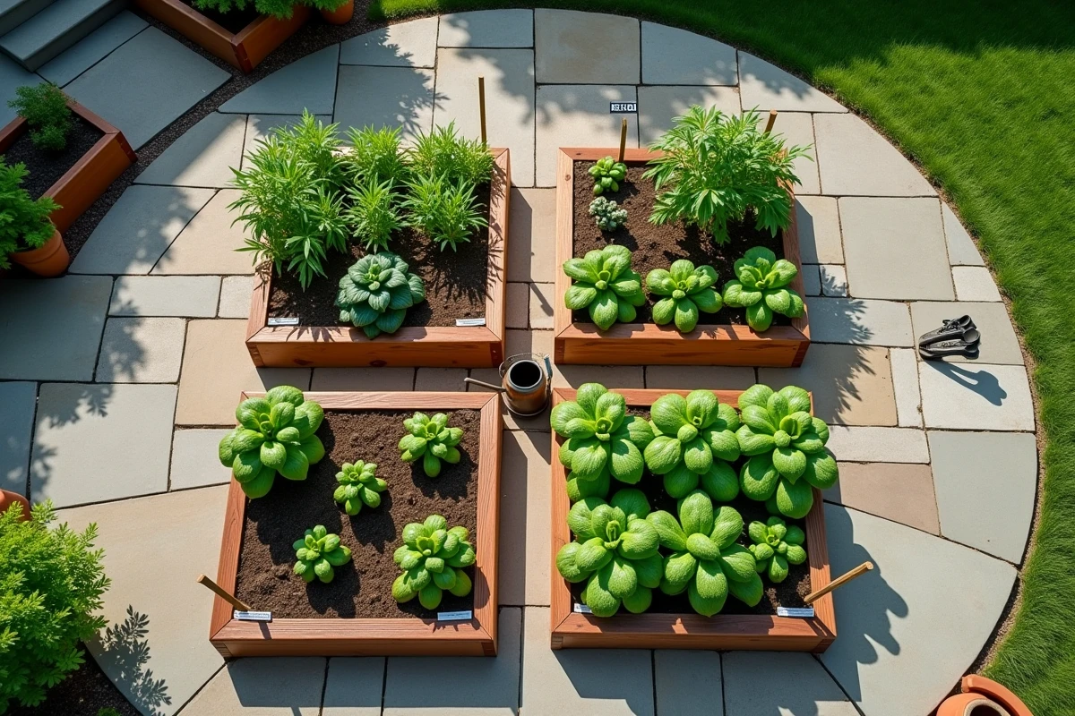 Vue aérienne d'un potager en carrés organisé en grille avec quatre bacs de légumes variés sur une terrasse pavée