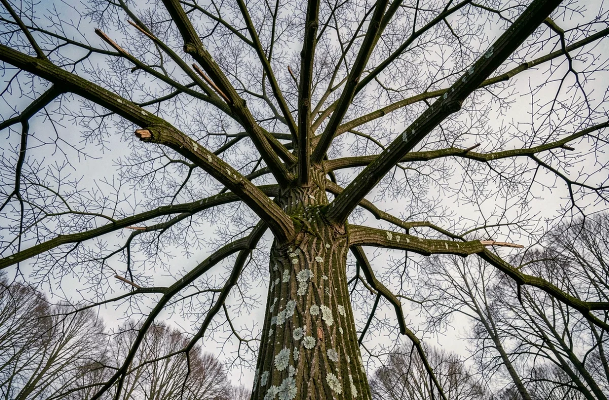 Vue en contre-plongée d'un grand érable mature dont certaines branches mortes nécessitent une taille dans un parc en hiver